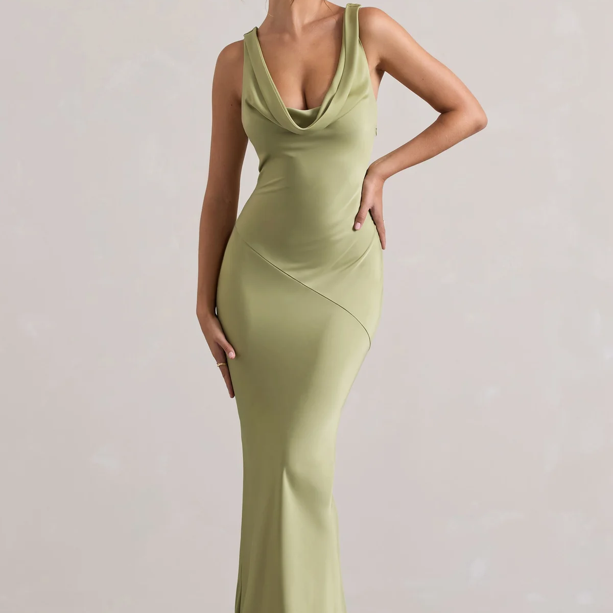 Hooded collar satin long neck dress mermaid and floor length