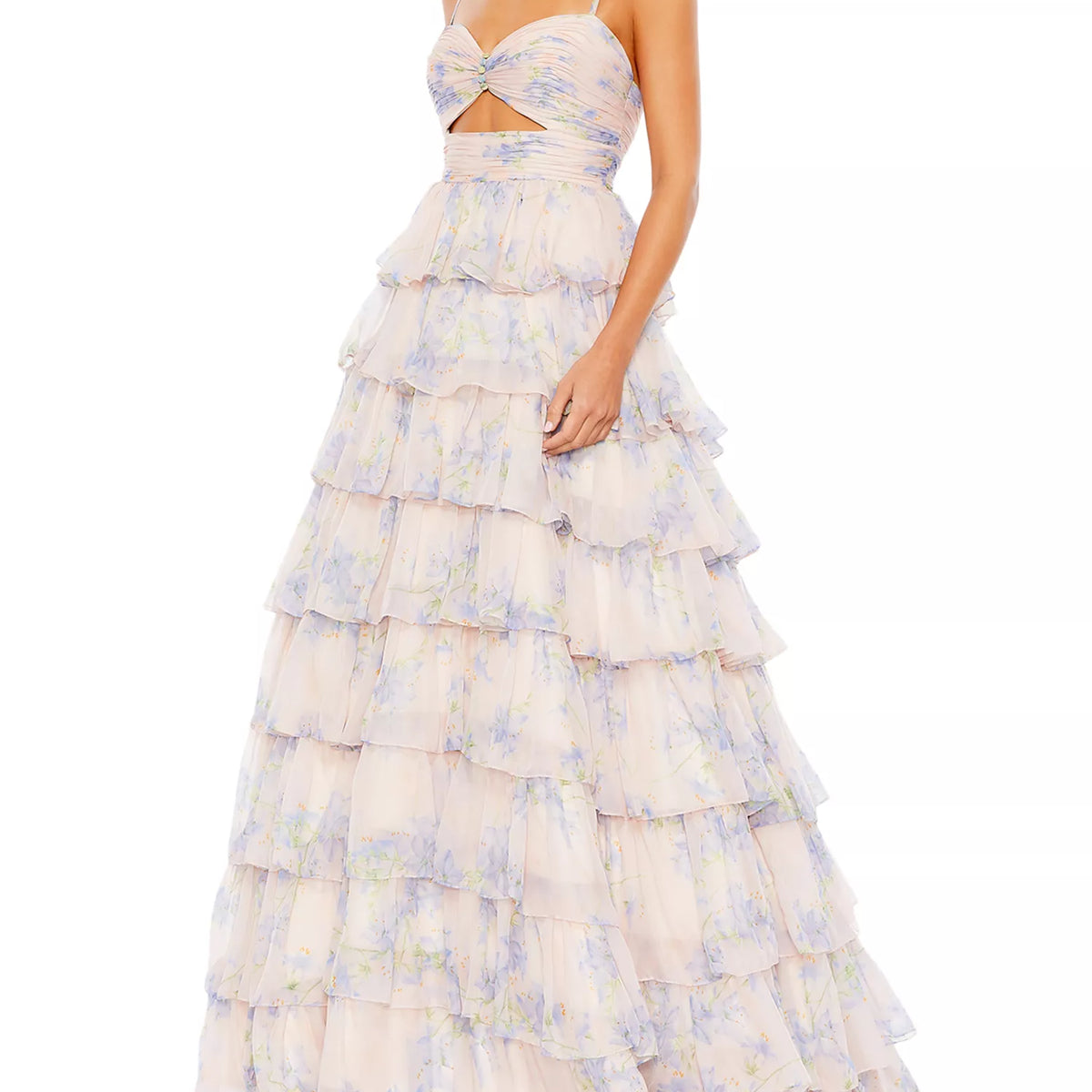 Romantic Flowy Floral Spaghetti Strap Sweetheart Cutout Tiered Ruffle