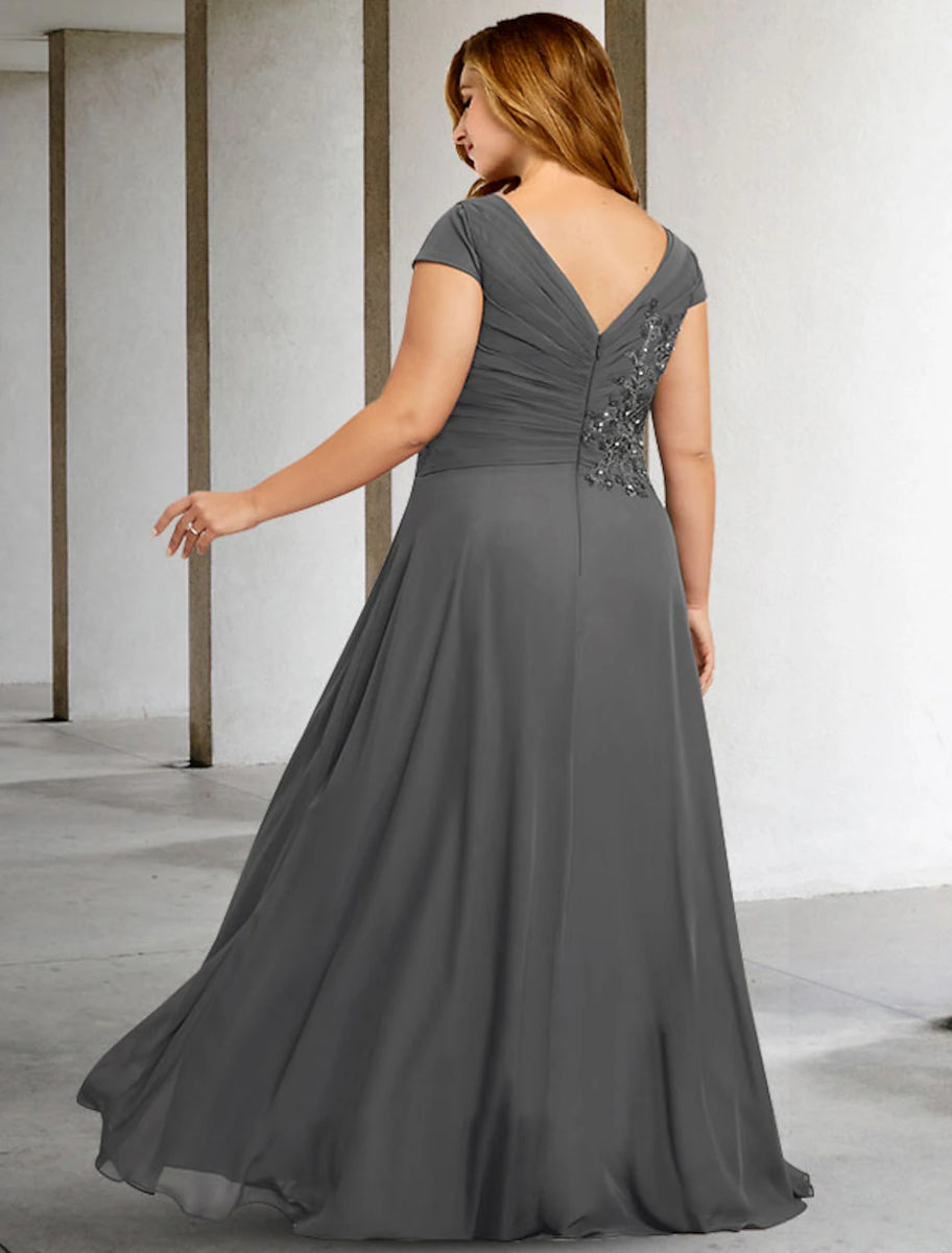 Grey Chiffon A-Line V-Neck Floor-Length Mother of the Bride Dress with Beaded Appliqué – JiMiss Dresses