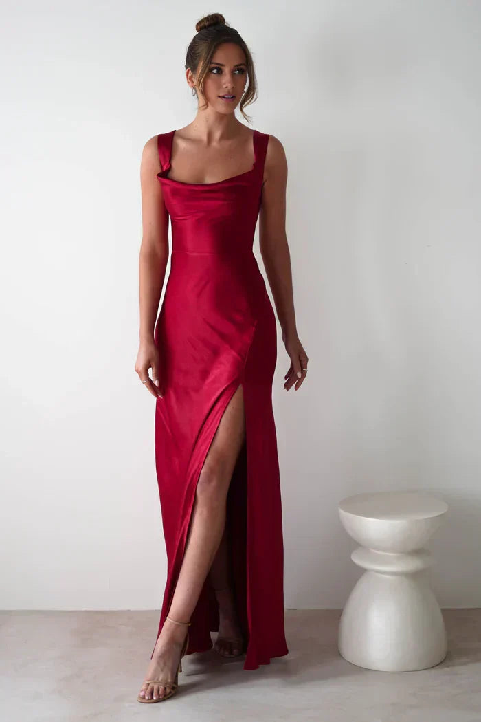 Simple Square neckline Sleeveless satin Lace Up side slit and floor length Prom dress