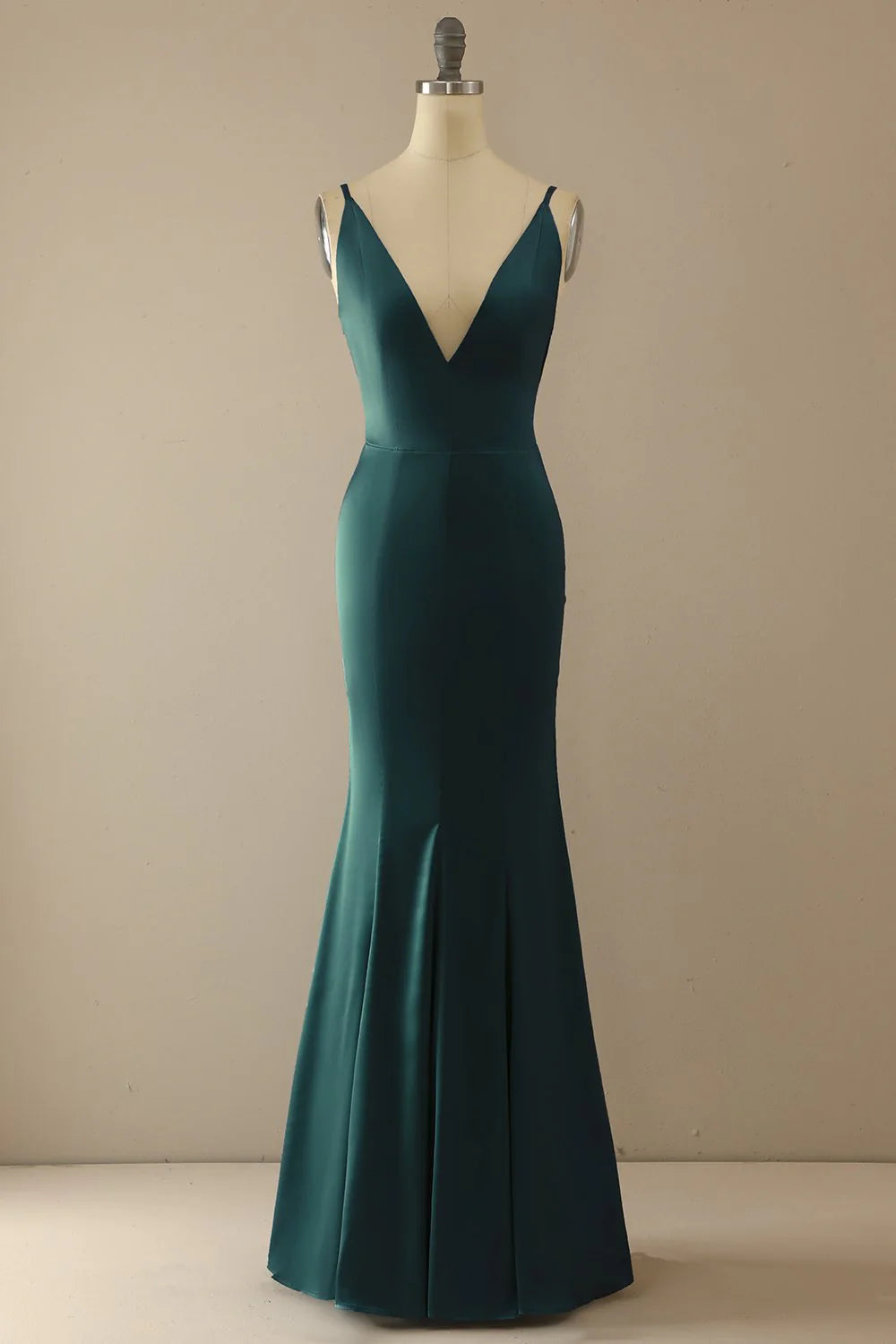 Mermaid blue V-neck long backless and floor length prom dress