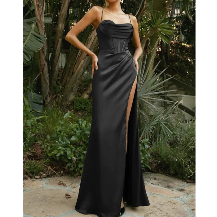 Vestido de fiesta de boda con hombros descubiertos y abertura sexy de color liso para mujer