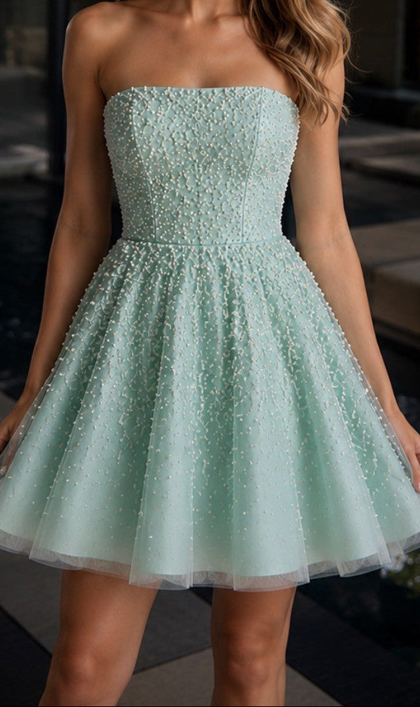 Mist Tulle A-Line Short Dress with Straight Neck, Beaded Bodice & Layered Tulle Skirt