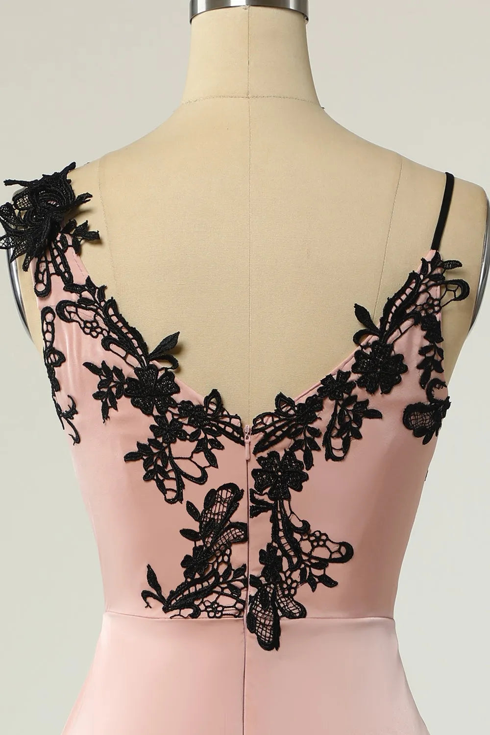 Blushing Pink Satin Sheath/column Asymmetrical Evening Dress with Lace Appliques
