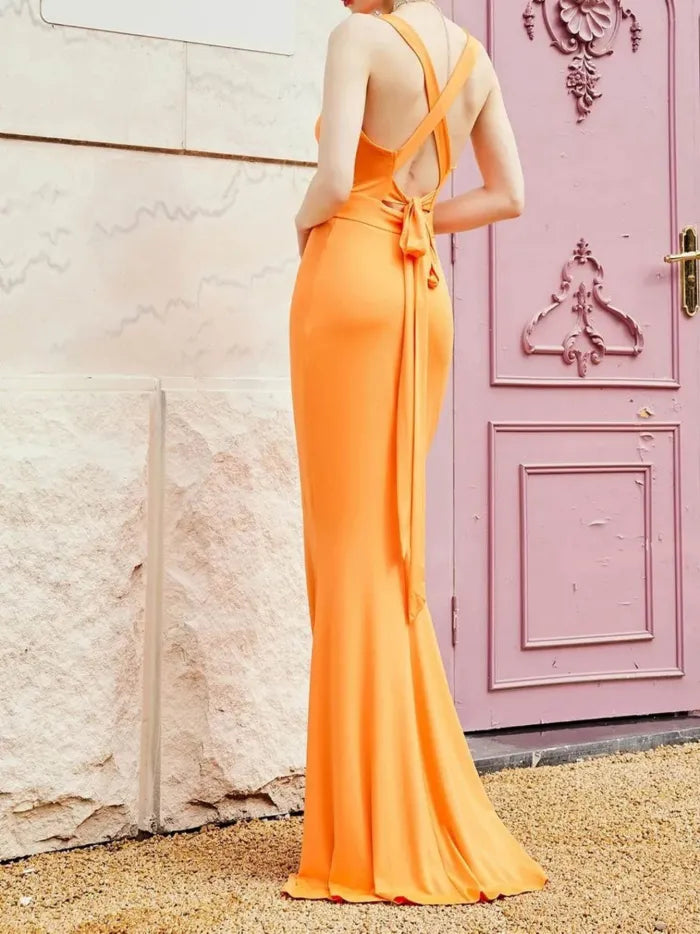 Vestido de fiesta sexy de color liso sin tirantes y con lazo cruzado en la espalda para mujer