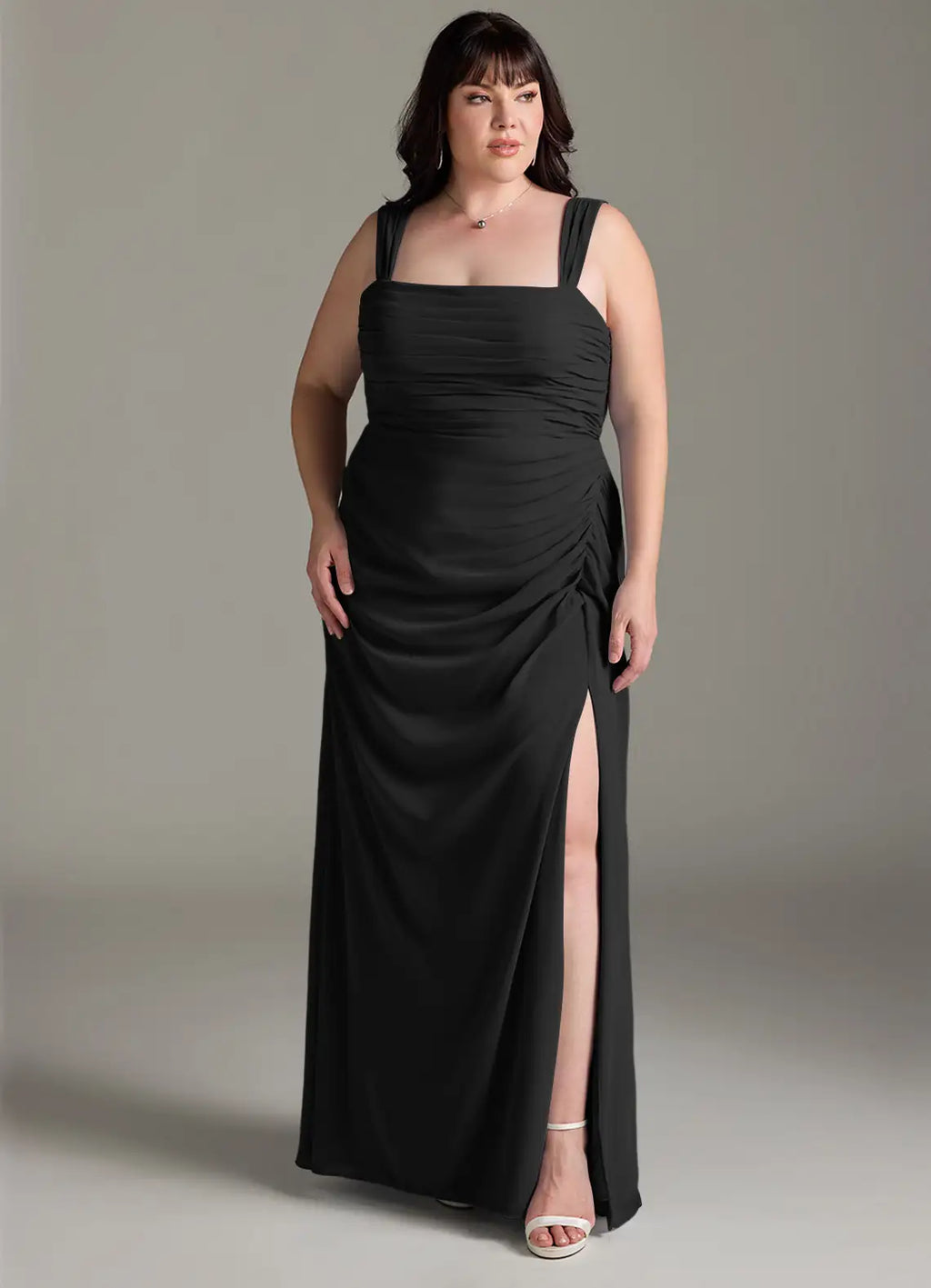 Black Chiffon A-Line Floor-Length Dress with Square Neck, Ruched Bodice & High Slit