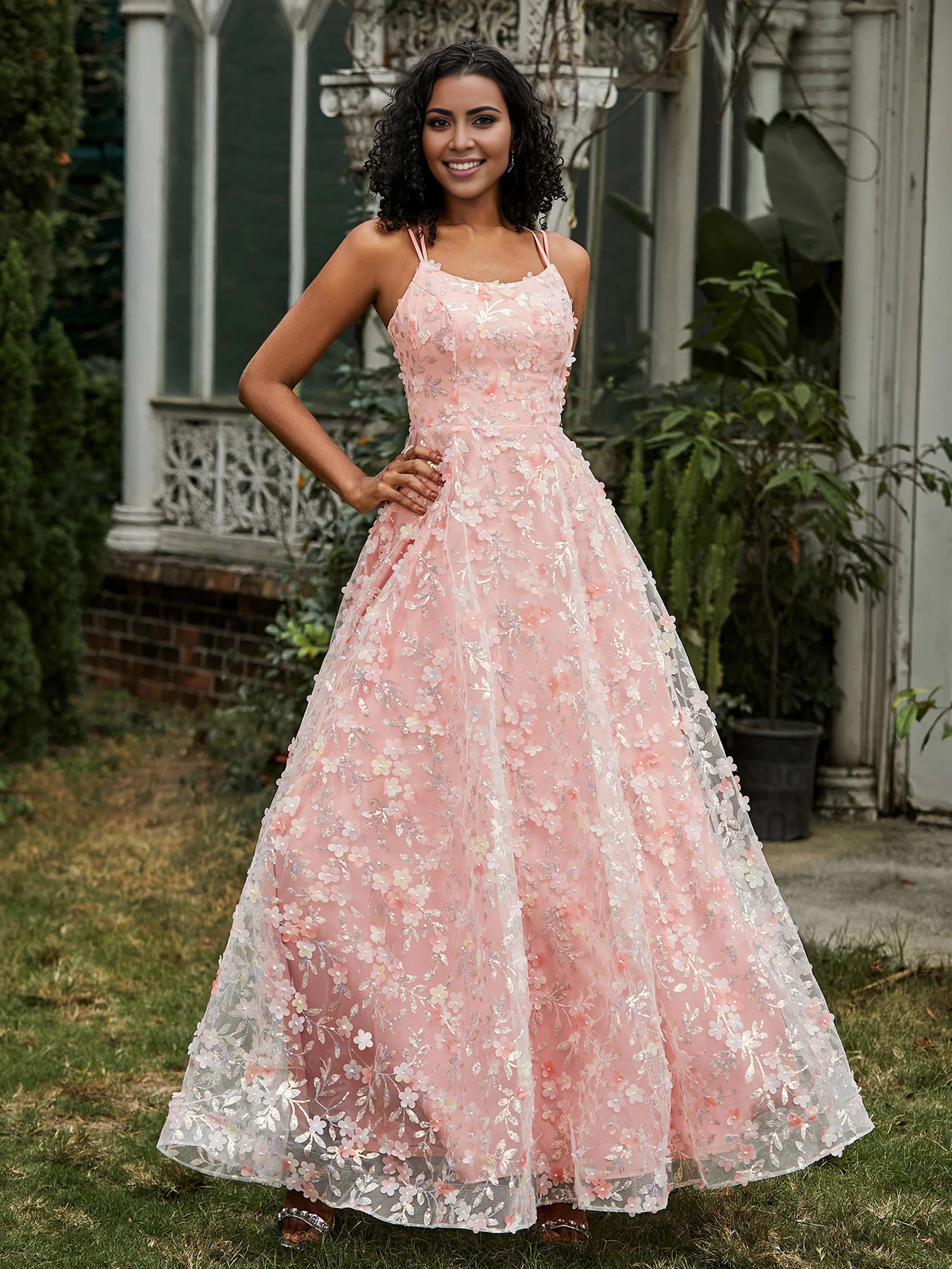 Pink Tulle A-Line Floor-Length Evening Dress with Floral Appliques & Glitter