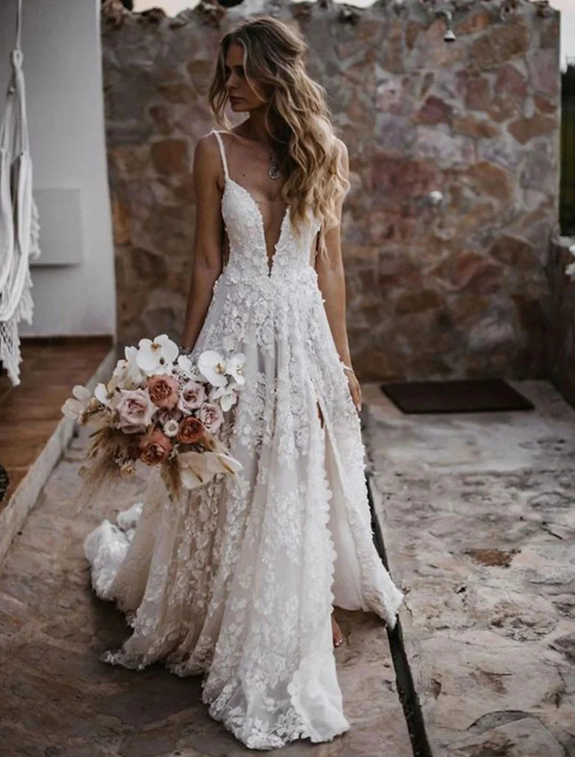 Ivory Lace A-Line Floor-Length Dress with Plunging V-Neck, High Slit & Floral Lace Appliques