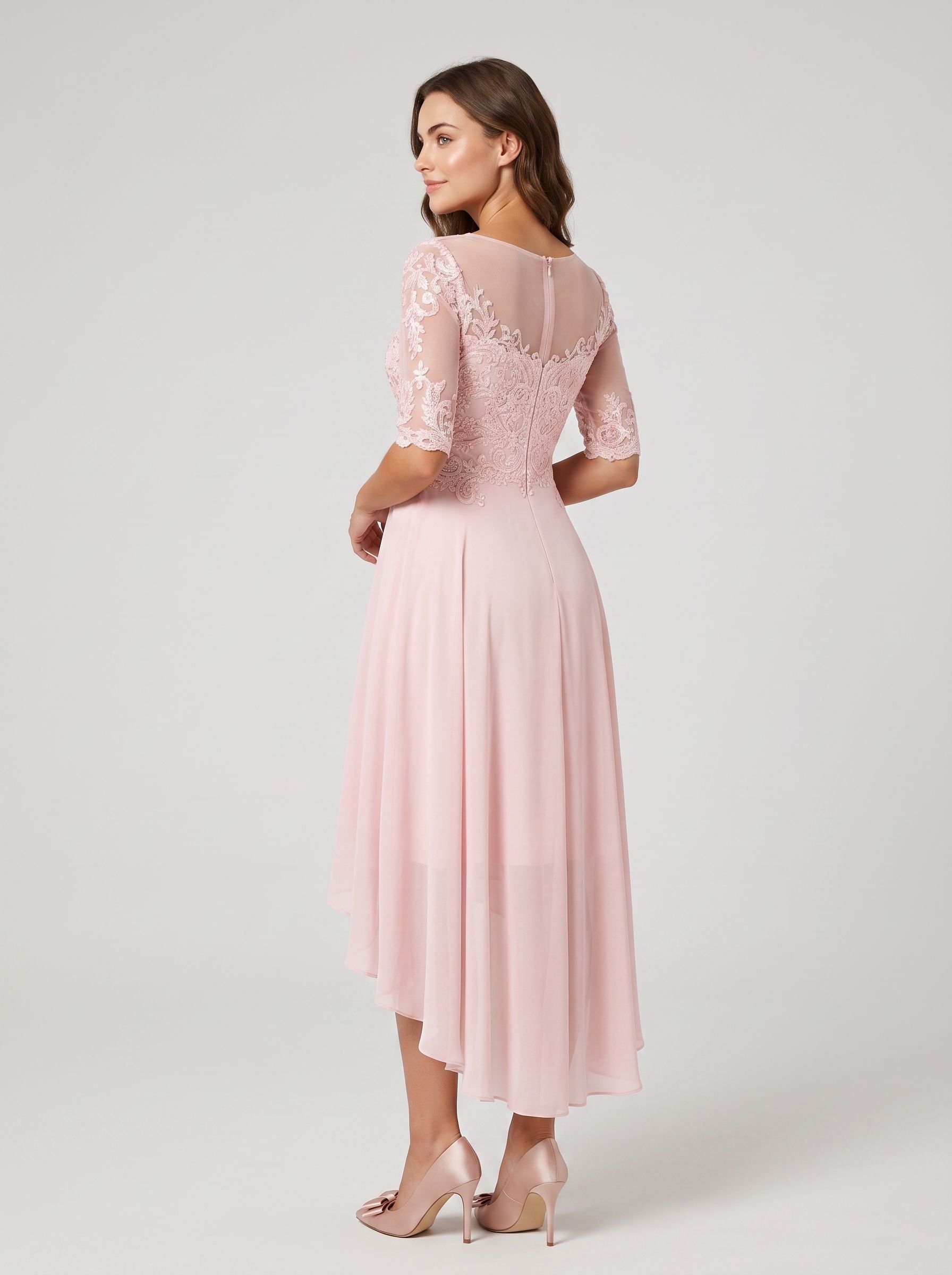A-Line Evening Gown Empire Dress Wedding Guest Formal Evening Asymmetrical Long Sleeve Jewel Neck Chiffon with Beading Lace Insert
