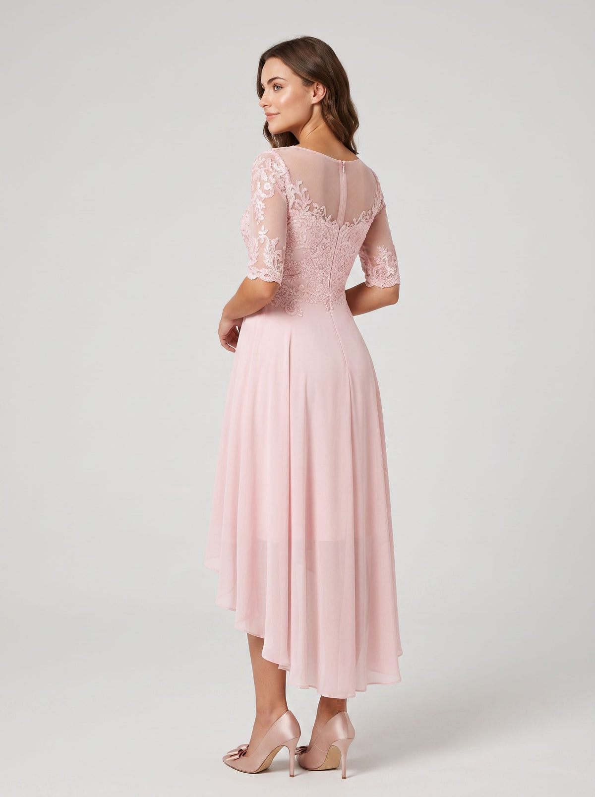 Abito da sera a trapezio, stile impero, per invitati a nozze, da sera formale, asimmetrico, a maniche lunghe, con scollo gioiello, in chiffon con inserti in pizzo e perline