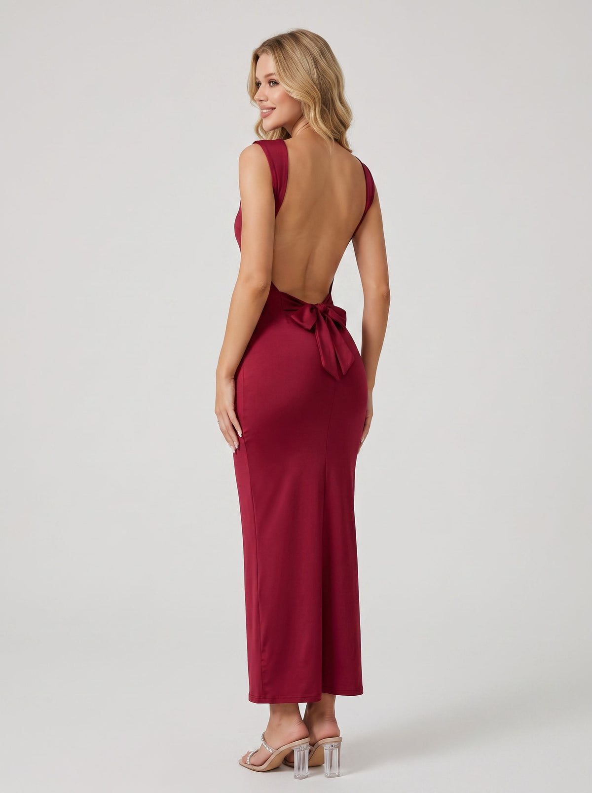 Pink Crepe Sheath/column Floor-Length Evening Dress with Low Open Back & Satin Bow
