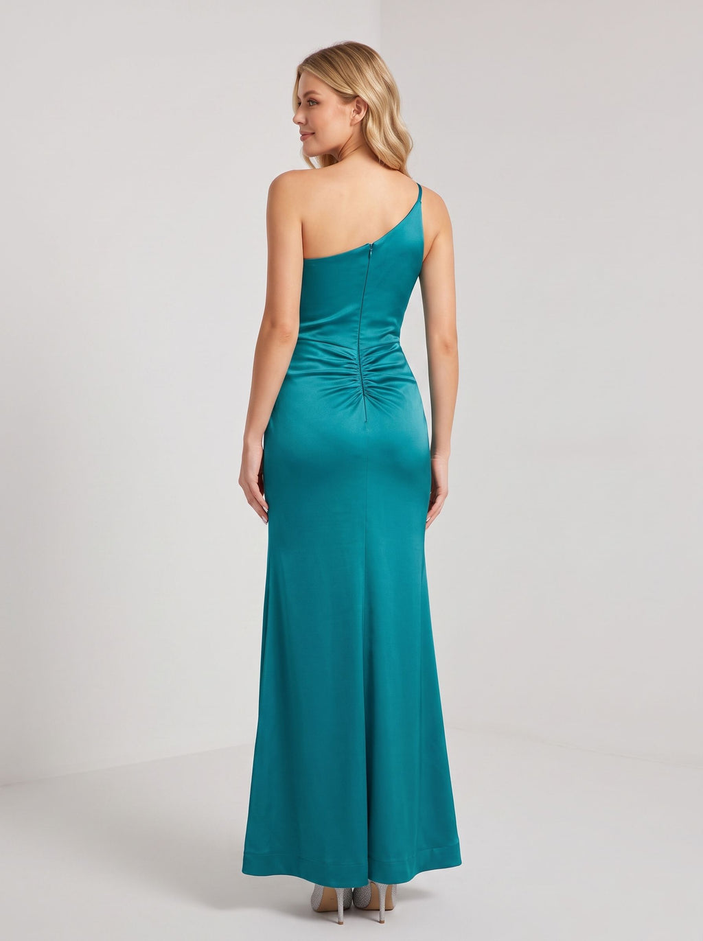 Teal One Shoulder Sheath/column Floor-Length Dress with Ruched Bodice + High Slit