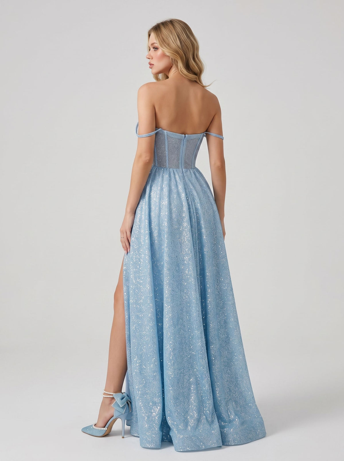 Sky Blue Glitter Fabric A-Line Floor-Length Dress with Sweetheart Neckline, High Slit & Corset Bodice