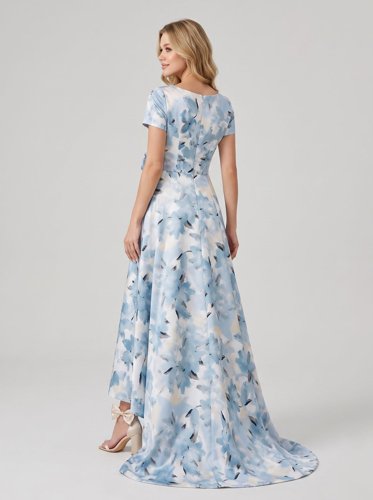 Blue Floral Print Satin A-Line Floor-Length Evening Dress with Fabric Flower Waist