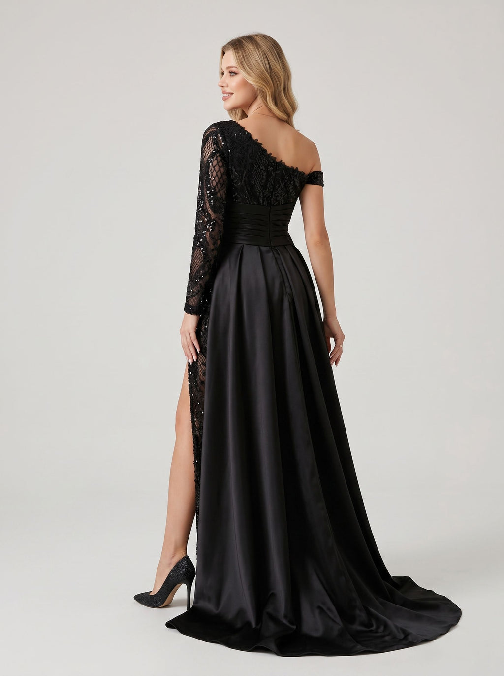 Vestido de noche negro de sirena, vestido brillante y resplandeciente, vestido de boda, Halloween, cola de corte, manga larga, un hombro, afroamericano, con lentejuelas y abertura de lentejuelas