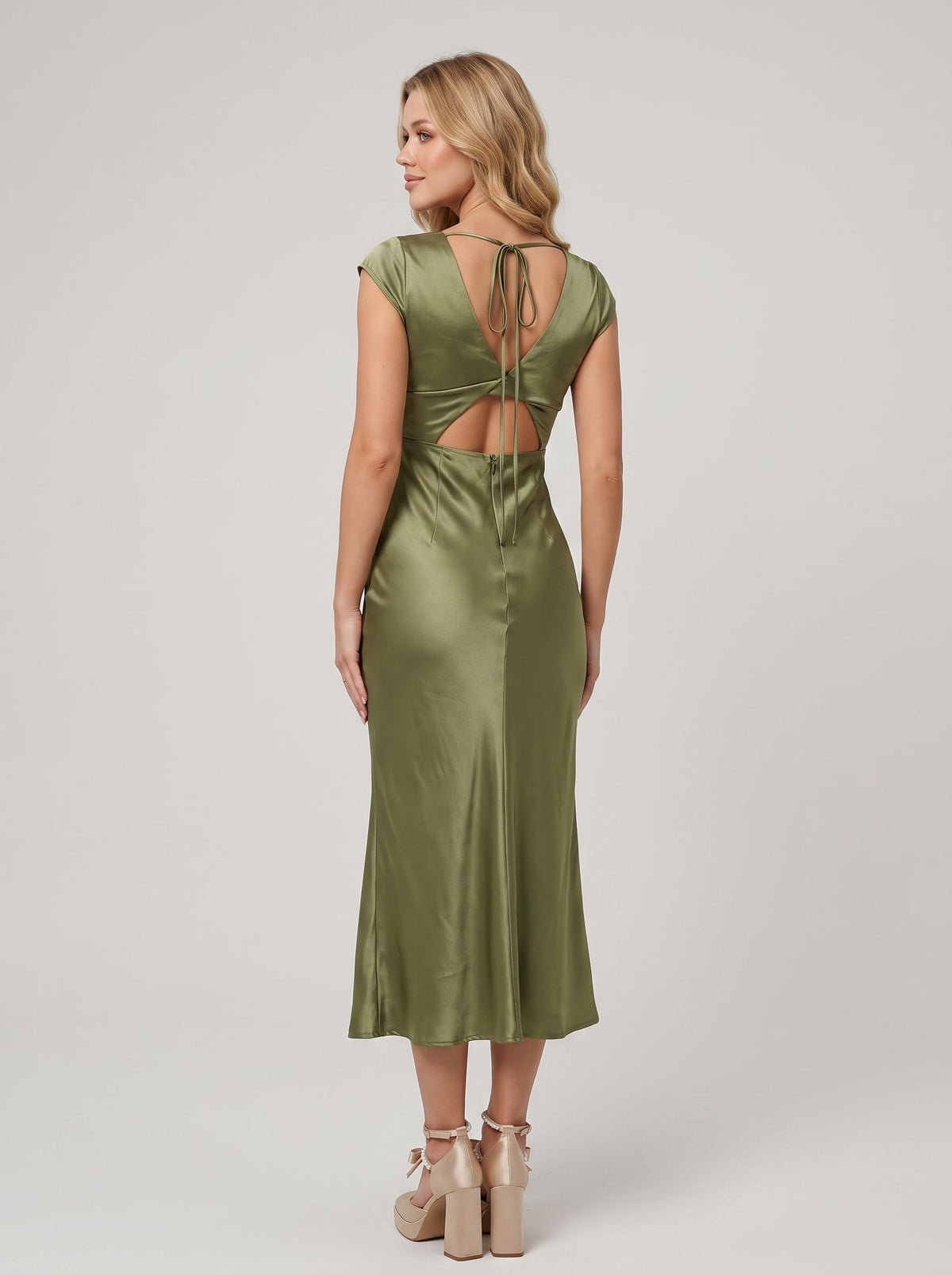Olive Green Satin Sheath Midi Bridesmaid Dress with V-Neck