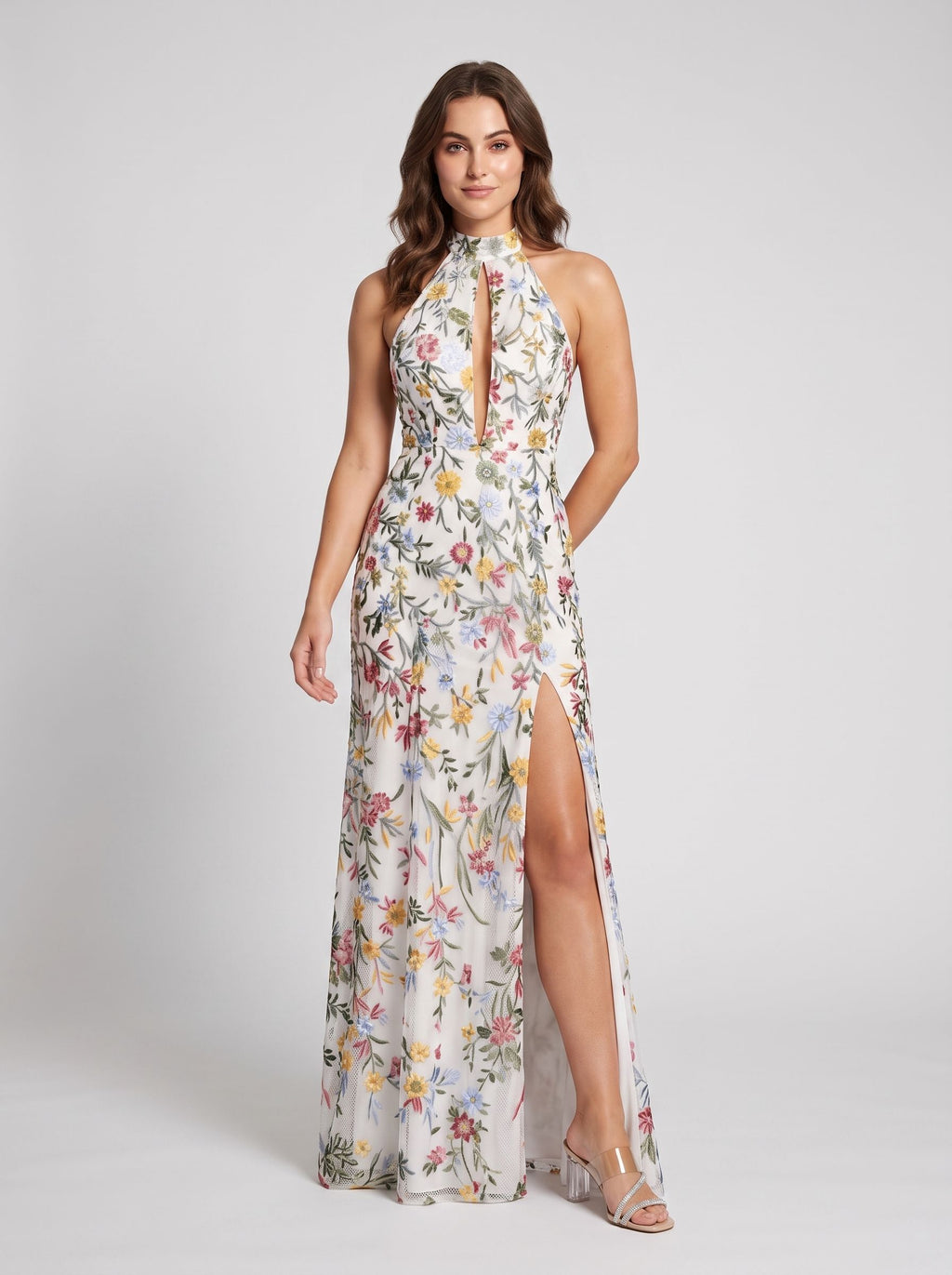 Dusty Blue Mesh A-Line Halter Open Back Floor Length Dress