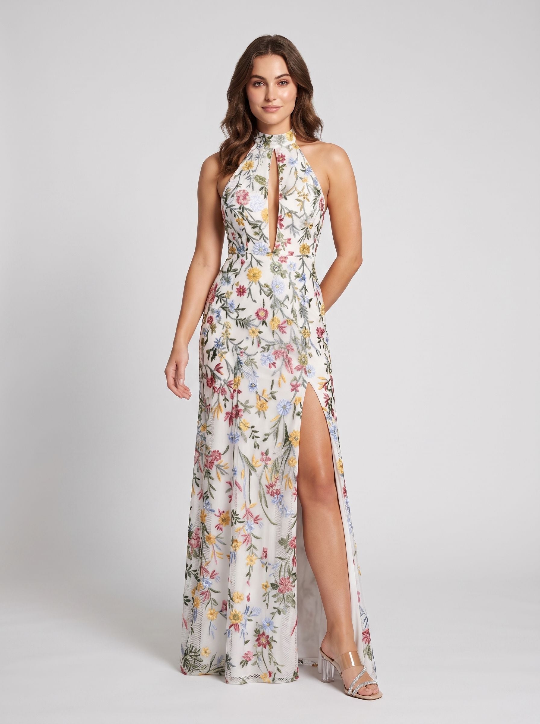 Dusty Blue Mesh A-Line Halter Open Back Floor Length Dress