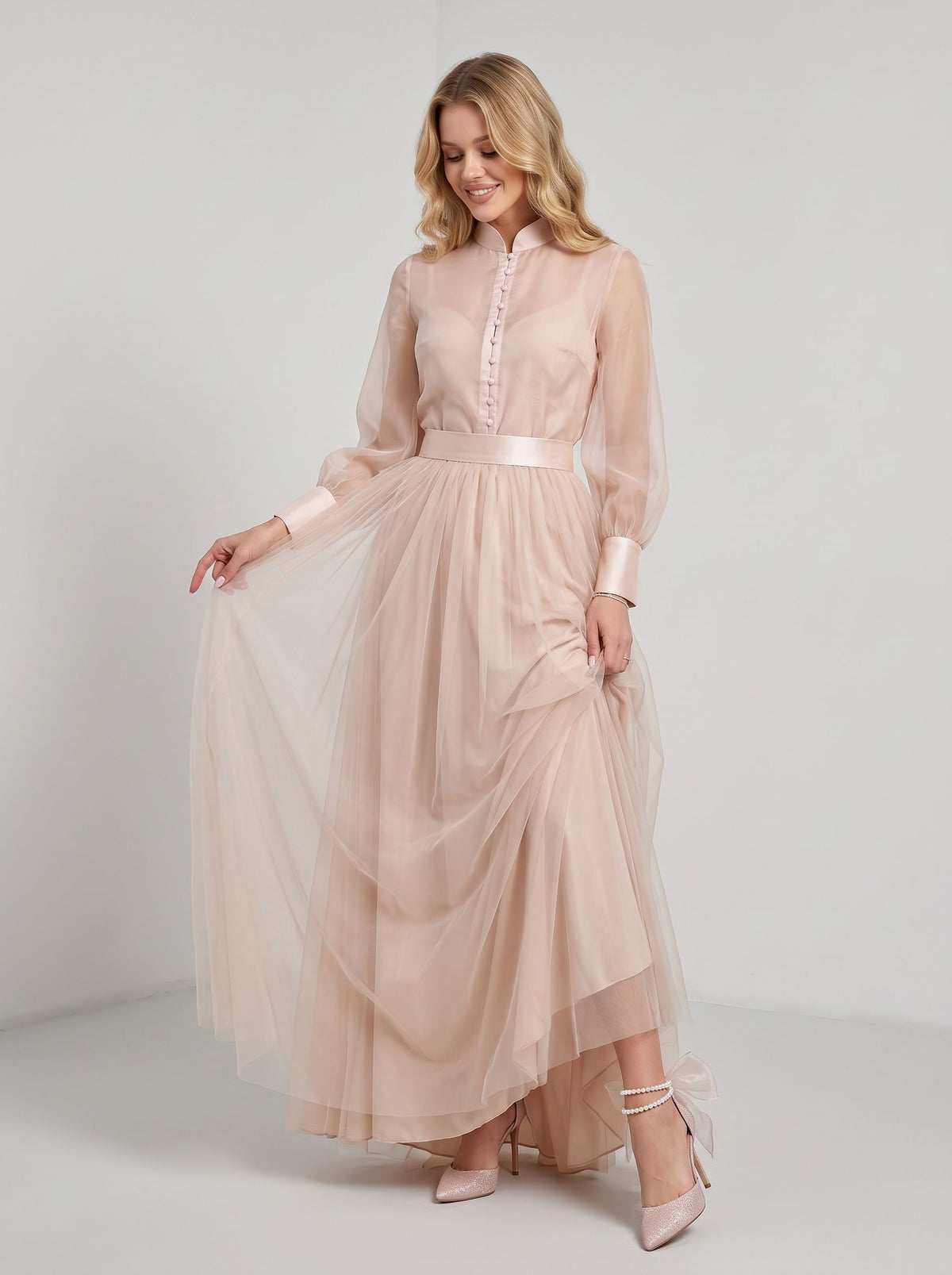 Blushing Pink Chiffon Tulle A-Line Floor-Length Dress with High Neck & Voluminous Sleeves