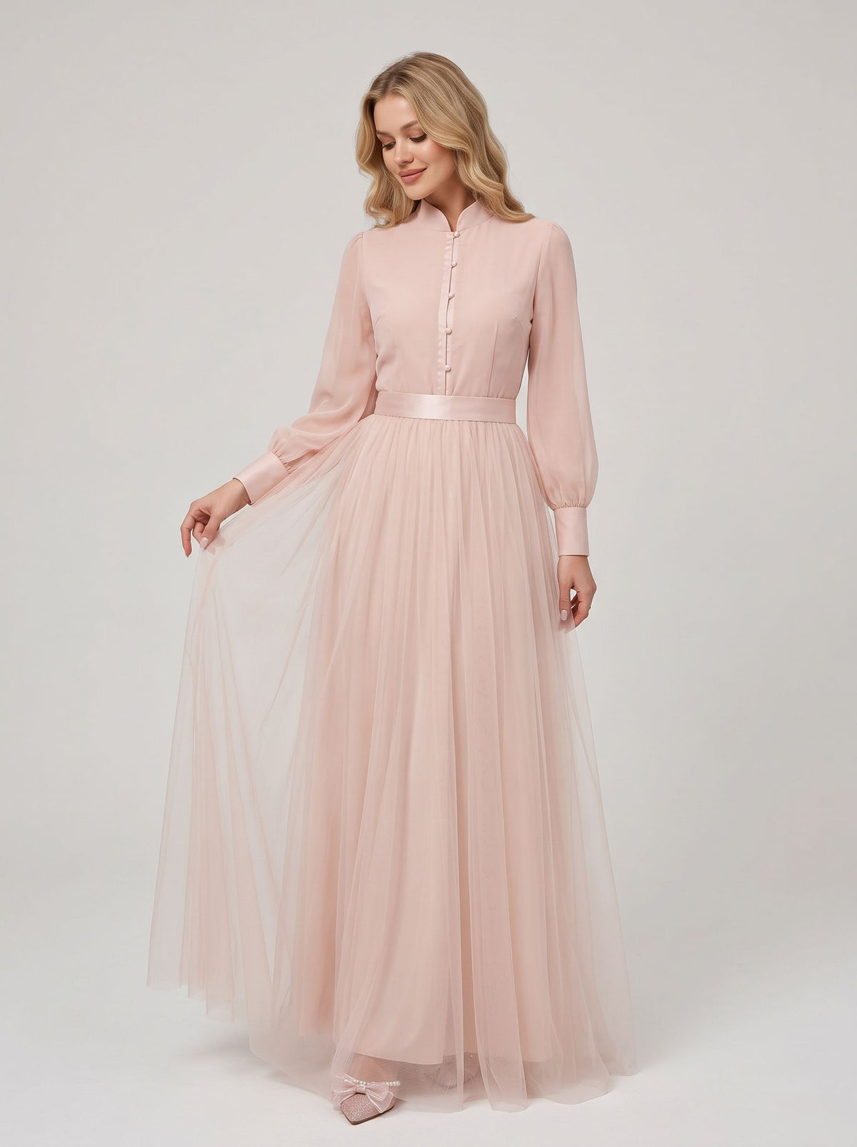 Blushing Pink Chiffon Tulle A-Line Floor-Length Dress with High Neck & Voluminous Sleeves