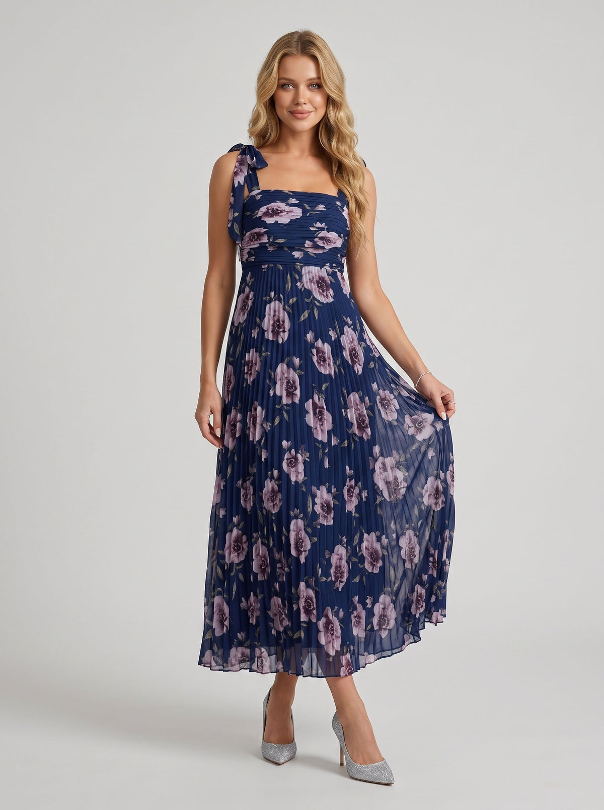 Dark Navy Chiffon A-Line Floor-Length Bridesmaid Dress with Square Neck and Tie-Shoulder Straps