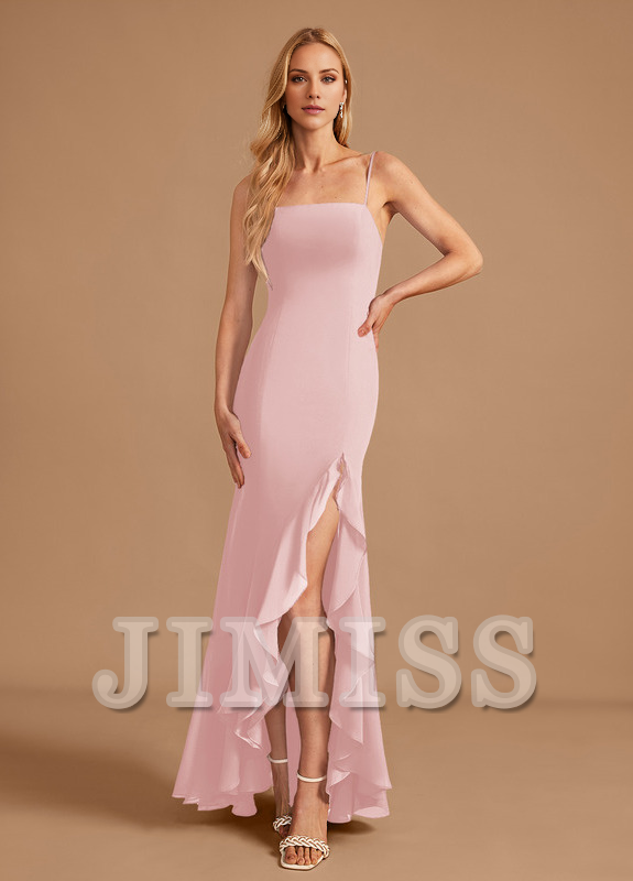 Vestido de dama de honor de gasa con volantes, corte trompeta, cola de pez, cuadrado, largo hasta el suelo