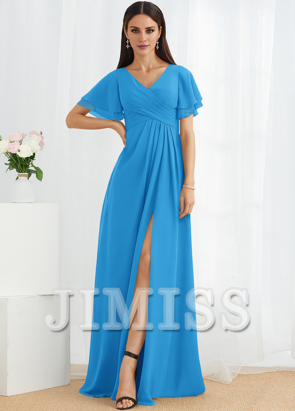 Abito da damigella d'onore in chiffon lungo fino al pavimento, con scollo a V e linea ad A