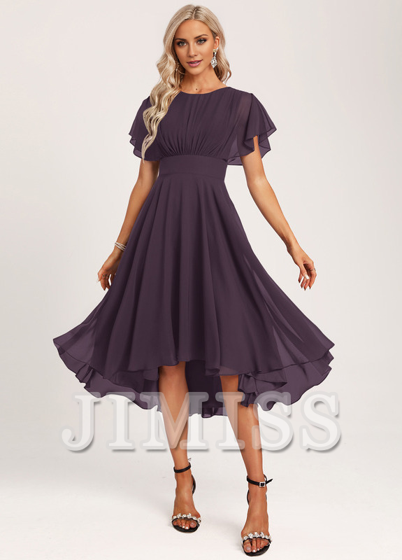 Burgundy Chiffon A-Line Asymmetrical Bridesmaid Dress with Boat Neck & Flutter Sleeves