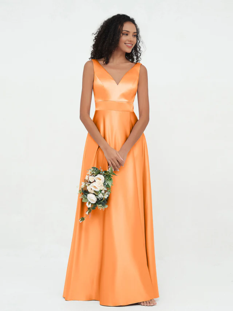 Satin Spaghetti-Strap Deep V-Neck A-Line Floor-Length Bridesmaid Dresses