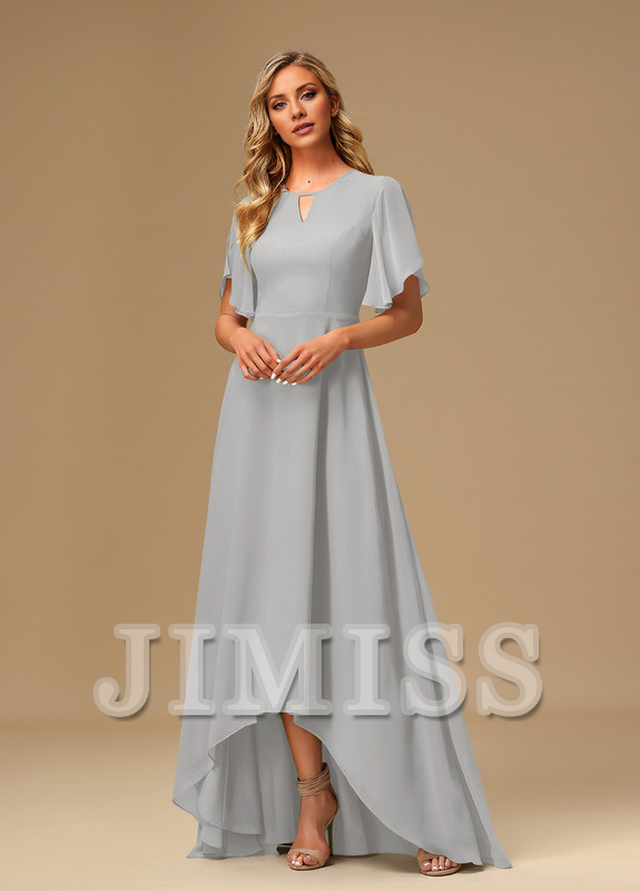 Vestido de dama de honor asimétrico de gasa con escote barco y volantes en forma de A