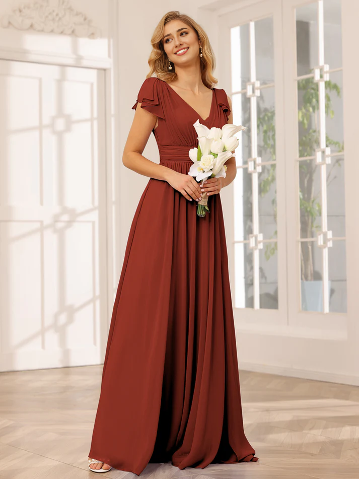 Chiffon Short-Sleeve V-Neck Ruched Bodice High-Slit A-Line Floor-Length Versatile Bridesmaid Dress