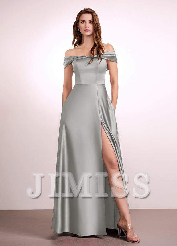 Abito da damigella d'onore in raso, a trapezio, con spalle scoperte e lunghezza al pavimento