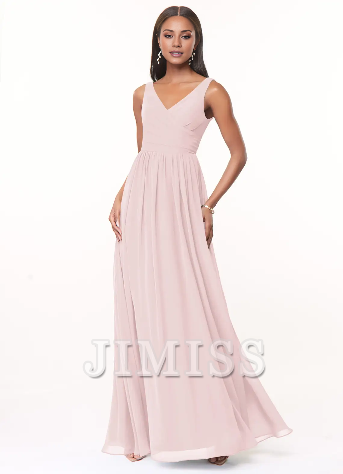 Vestido de dama de honor de gasa plisada con escote en V y corte A hasta el suelo - Vestido Jimiss 