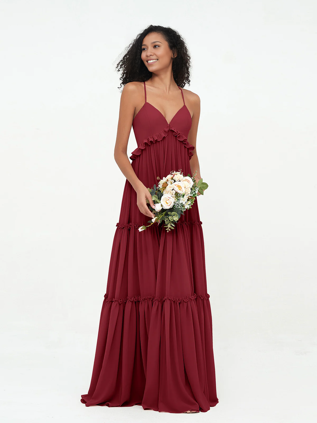 Sage Green Chiffon Tiered Floor-Length Dress with V-Neck and Ruffle Trim