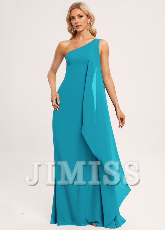 Vestido de dama de honor de gasa con volantes, corte A, un hombro al aire y largo hasta el suelo