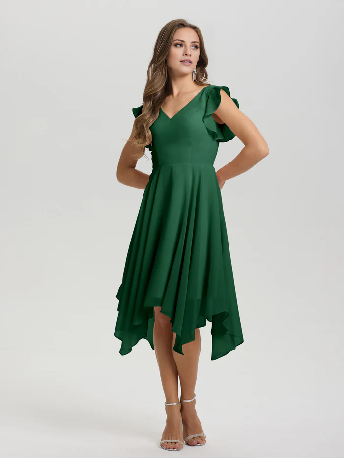 Lotus leaf edge sleeve V-neck asymmetrical tea long chiffon tea long bridesmaid dress