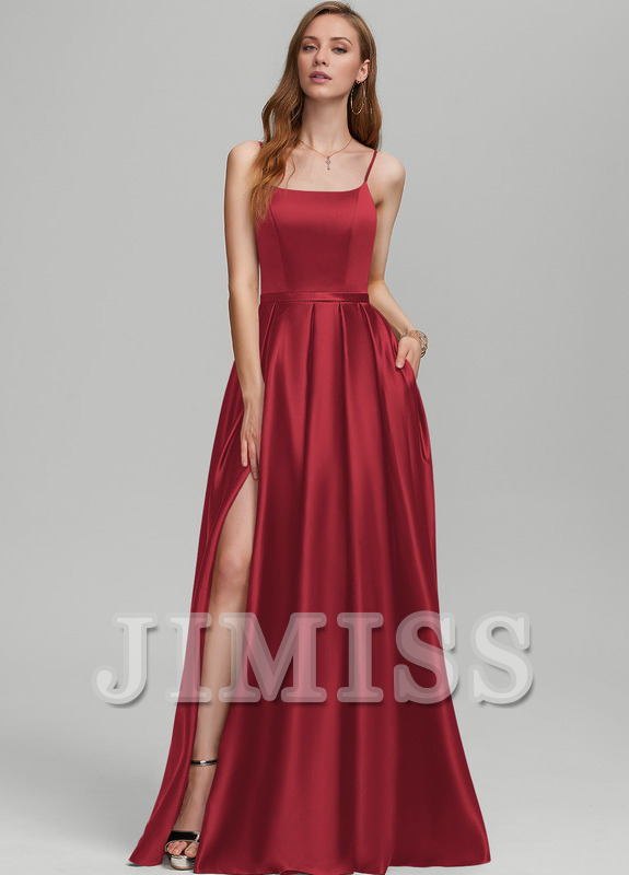 Abito da damigella d'onore in raso a trapezio con scollo a V e lunghezza al pavimento