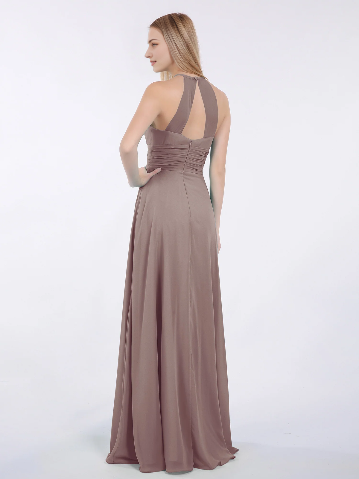 Mocha Chiffon A-Line Halter Neck Floor-Length Bridesmaid Dress with Pleated Bodice