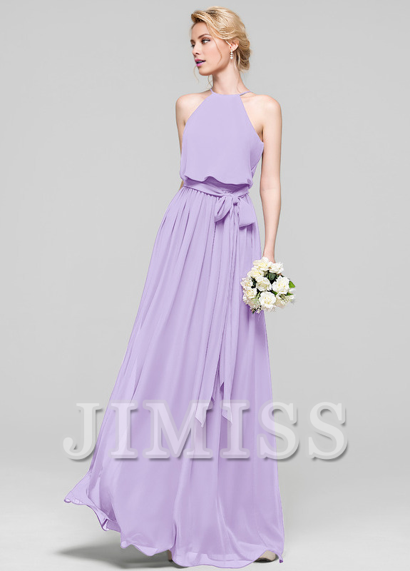 A-line low round neck bow floor mopping chiffon bridesmaid dress