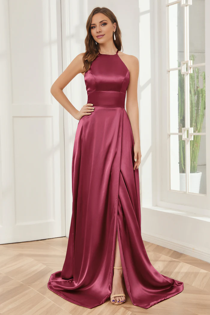 Vestido de dama de honor largo hasta el suelo de satén suave con escote de columna