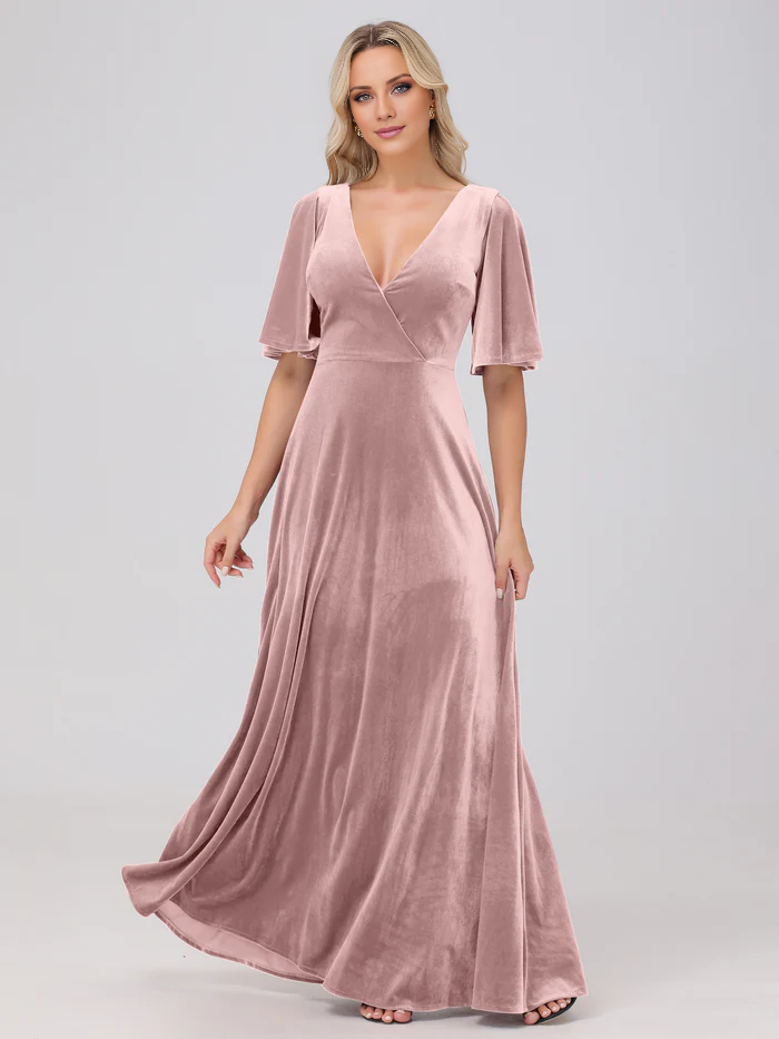 Abito da damigella d'onore lungo fino al pavimento, in velluto, a maniche corte, con scollo a V e linea ad A