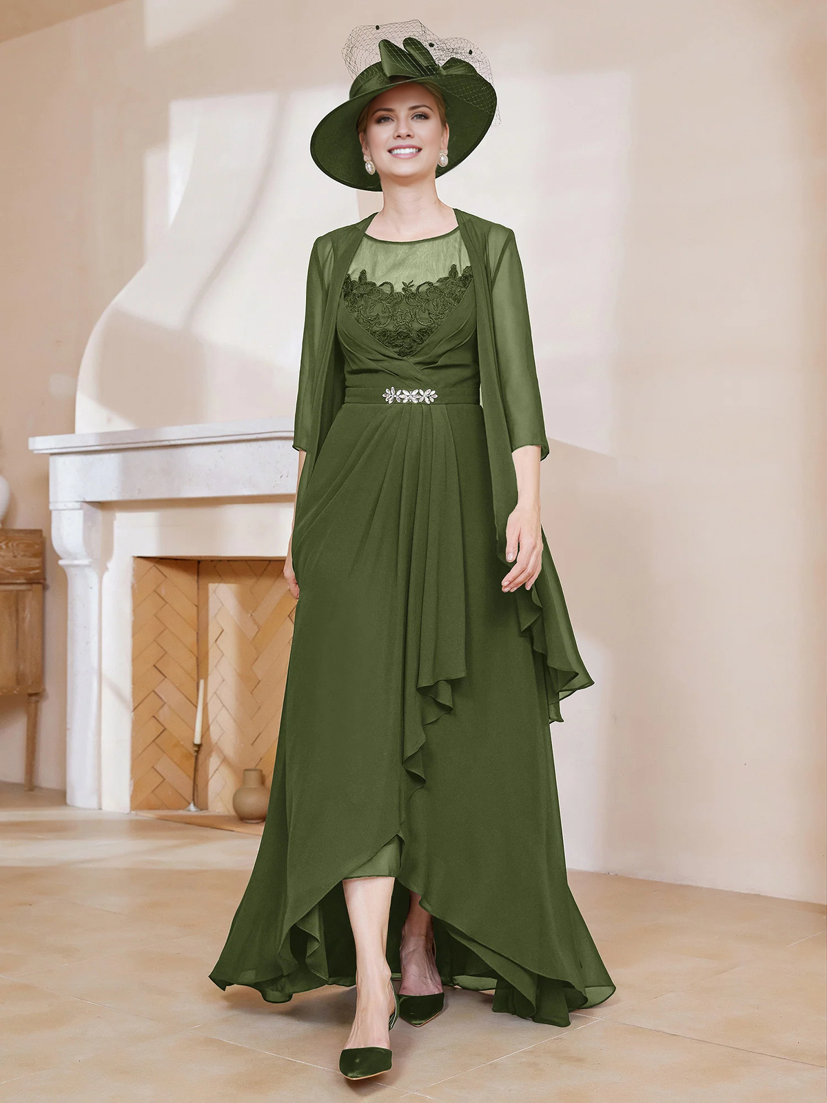 Illusion Neck Dark Navy Chiffon A-Line High-Low Dress with Draped Skirt