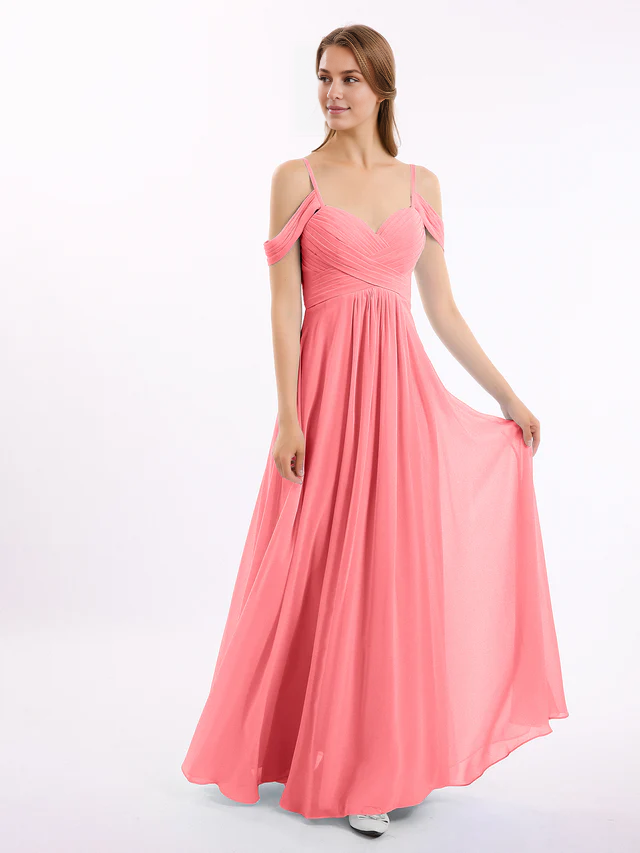 Chiffon Off-Shoulder Sweetheart Neckline Ruched Bodice A-Line Floor-Length Bridesmaid Dresses