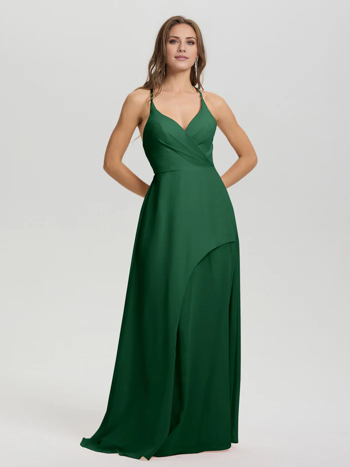 Shoulder strap V-neck backless long chiffon formal and floor length Bridesmaid dresses