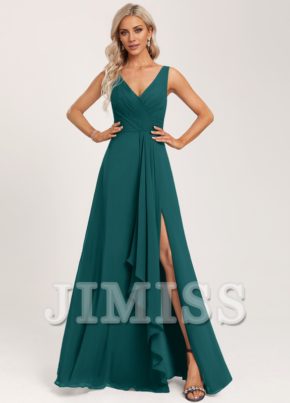 Vestido de dama de honor de gasa con volantes, escote en V y largo hasta el suelo