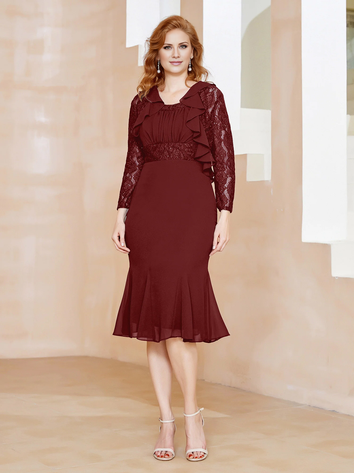 Dark Navy Lace Sleeve Ruffled Scoop Neck Sheath Knee-Length Evening Dress