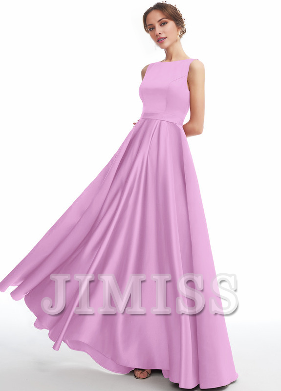 Abito da damigella d'onore in raso a trapezio con scollo a barchetta e lunghezza al pavimento