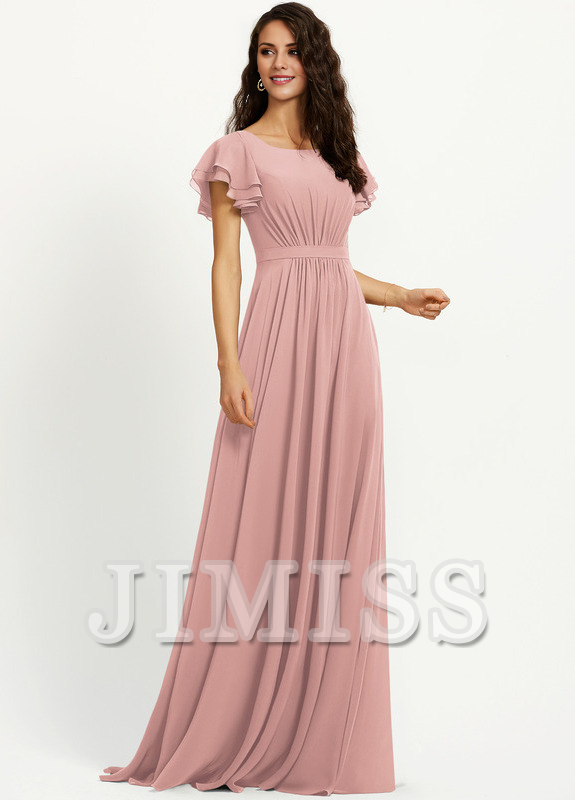 Vestido de dama de honor de gasa con escote redondo y volantes en forma de A