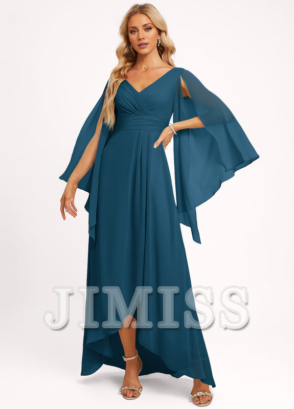 Dusty Sage Chiffon A-Line High-Low Dress with Draped V-Neck and Cape Sleeves