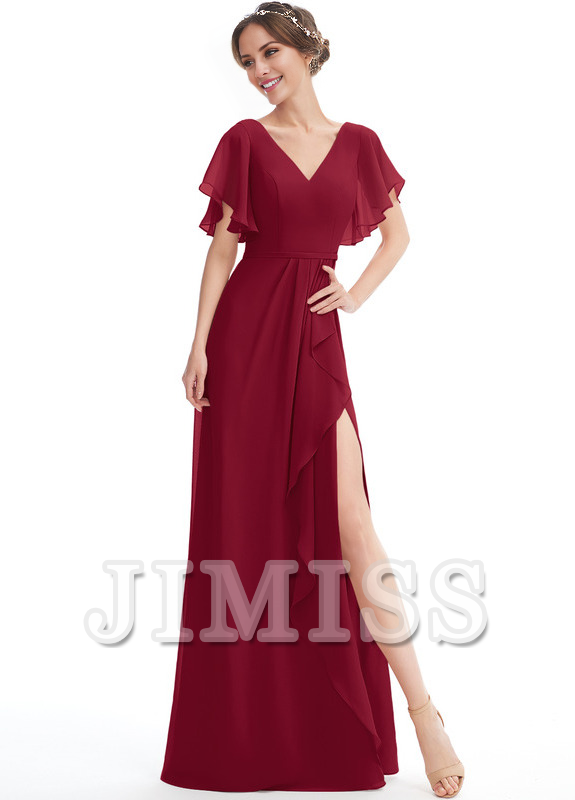 Vestido de dama de honor de gasa con volantes, escote en V y largo hasta el suelo